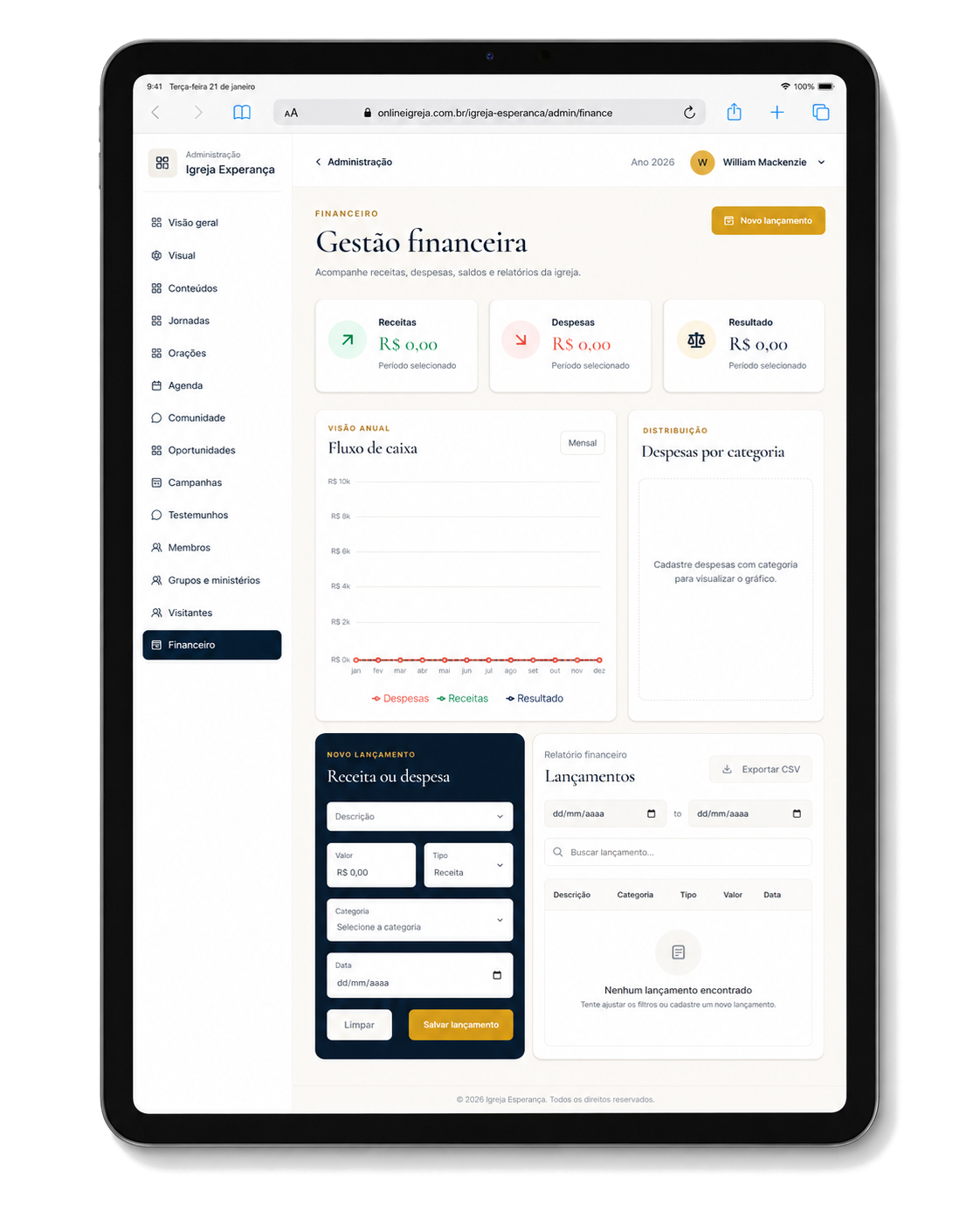 Painel financeiro do Online Igreja em um tablet